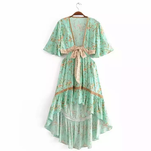 Boho Floral Print Cut Out Plunging Neckline Dress - Picture 5 of 6